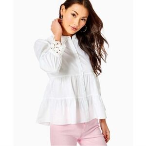 Lilly Pulitzer Women's size Small Kenna White Eyelet Tiered Button Down Shirt